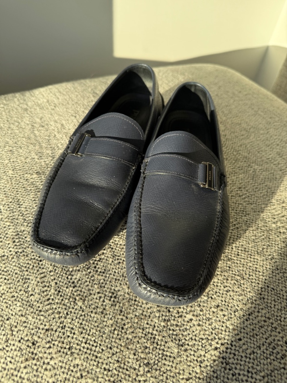 Men's Prada Navy Leather Driving Loafers